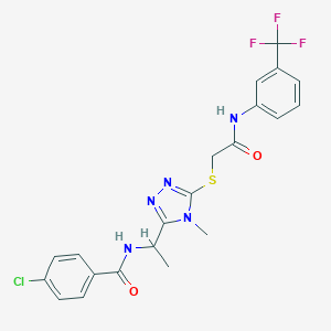 molecular formula C21H19ClF3N5O2S B305465 4-chloro-N-(1-{4-methyl-5-[(2-oxo-2-{[3-(trifluoromethyl)phenyl]amino}ethyl)sulfanyl]-4H-1,2,4-triazol-3-yl}ethyl)benzamide 
