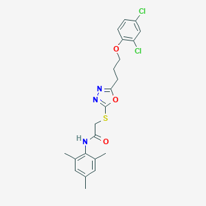 molecular formula C22H23Cl2N3O3S B305466 2-({5-[3-(2,4-dichlorophenoxy)propyl]-1,3,4-oxadiazol-2-yl}sulfanyl)-N-(2,4,6-trimethylphenyl)acetamide 