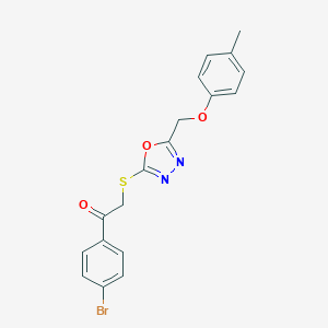 molecular formula C18H15BrN2O3S B305471 1-(4-Bromophenyl)-2-({5-[(4-methylphenoxy)methyl]-1,3,4-oxadiazol-2-yl}sulfanyl)ethanone 