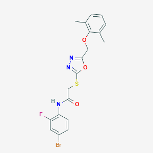 molecular formula C19H17BrFN3O3S B305472 N-(4-bromo-2-fluorophenyl)-2-({5-[(2,6-dimethylphenoxy)methyl]-1,3,4-oxadiazol-2-yl}sulfanyl)acetamide 