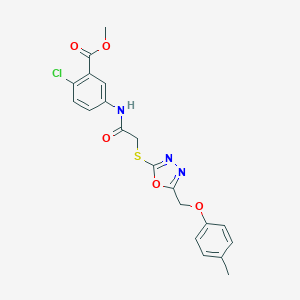 molecular formula C20H18ClN3O5S B305475 Methyl 2-chloro-5-{[({5-[(4-methylphenoxy)methyl]-1,3,4-oxadiazol-2-yl}sulfanyl)acetyl]amino}benzoate 