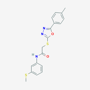 molecular formula C18H17N3O2S2 B305480 2-{[5-(4-methylphenyl)-1,3,4-oxadiazol-2-yl]sulfanyl}-N-[3-(methylsulfanyl)phenyl]acetamide 