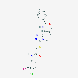 molecular formula C23H25ClFN5O2S B305489 N-[1-(5-{[2-(4-chloro-3-fluoroanilino)-2-oxoethyl]sulfanyl}-4-methyl-4H-1,2,4-triazol-3-yl)-2-methylpropyl]-4-methylbenzamide 