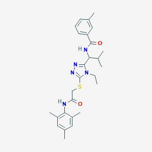 molecular formula C27H35N5O2S B305505 N-{1-[4-ethyl-5-({2-oxo-2-[(2,4,6-trimethylphenyl)amino]ethyl}sulfanyl)-4H-1,2,4-triazol-3-yl]-2-methylpropyl}-3-methylbenzamide 