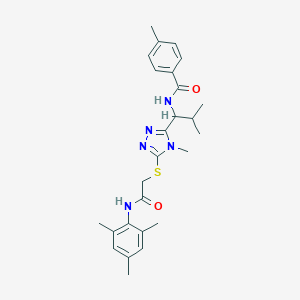molecular formula C26H33N5O2S B305506 4-methyl-N-{2-methyl-1-[4-methyl-5-({2-oxo-2-[(2,4,6-trimethylphenyl)amino]ethyl}sulfanyl)-4H-1,2,4-triazol-3-yl]propyl}benzamide 