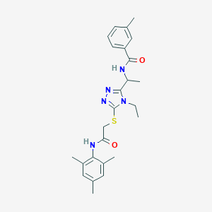 molecular formula C25H31N5O2S B305507 N-{1-[4-ethyl-5-({2-oxo-2-[(2,4,6-trimethylphenyl)amino]ethyl}sulfanyl)-4H-1,2,4-triazol-3-yl]ethyl}-3-methylbenzamide 