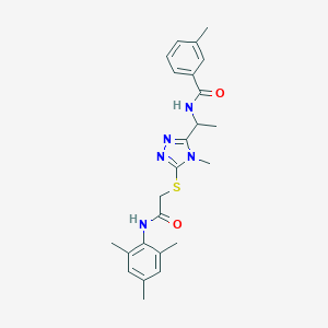 molecular formula C24H29N5O2S B305508 3-methyl-N-{1-[4-methyl-5-({2-oxo-2-[(2,4,6-trimethylphenyl)amino]ethyl}sulfanyl)-4H-1,2,4-triazol-3-yl]ethyl}benzamide 
