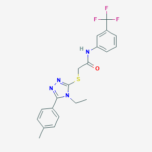 molecular formula C20H19F3N4OS B305519 2-{[4-ethyl-5-(4-methylphenyl)-4H-1,2,4-triazol-3-yl]sulfanyl}-N-[3-(trifluoromethyl)phenyl]acetamide 