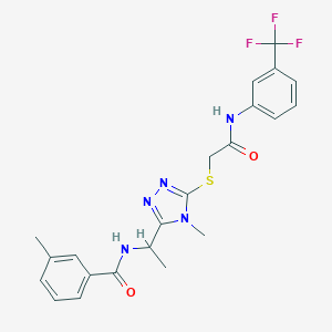 molecular formula C22H22F3N5O2S B305521 3-methyl-N-(1-{4-methyl-5-[(2-oxo-2-{[3-(trifluoromethyl)phenyl]amino}ethyl)sulfanyl]-4H-1,2,4-triazol-3-yl}ethyl)benzamide 