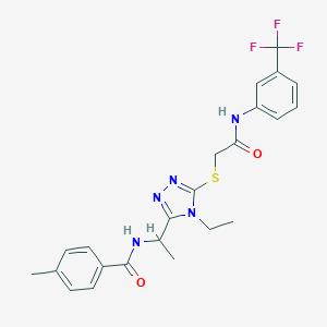molecular formula C23H24F3N5O2S B305522 N-(1-{4-ethyl-5-[(2-oxo-2-{[3-(trifluoromethyl)phenyl]amino}ethyl)sulfanyl]-4H-1,2,4-triazol-3-yl}ethyl)-4-methylbenzamide 