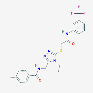 molecular formula C22H22F3N5O2S B305524 N-({4-ethyl-5-[(2-oxo-2-{[3-(trifluoromethyl)phenyl]amino}ethyl)sulfanyl]-4H-1,2,4-triazol-3-yl}methyl)-4-methylbenzamide 
