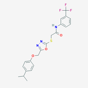 molecular formula C21H20F3N3O3S B305525 2-[(5-{[4-(propan-2-yl)phenoxy]methyl}-1,3,4-oxadiazol-2-yl)sulfanyl]-N-[3-(trifluoromethyl)phenyl]acetamide 