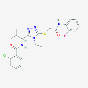 molecular formula C23H25ClFN5O2S B305528 2-chloro-N-{1-[4-ethyl-5-({2-[(2-fluorophenyl)amino]-2-oxoethyl}sulfanyl)-4H-1,2,4-triazol-3-yl]-2-methylpropyl}benzamide 