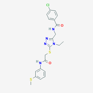 molecular formula C21H22ClN5O2S2 B305529 4-chloro-N-({4-ethyl-5-[(2-{[3-(methylsulfanyl)phenyl]amino}-2-oxoethyl)sulfanyl]-4H-1,2,4-triazol-3-yl}methyl)benzamide 