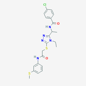 molecular formula C22H24ClN5O2S2 B305530 4-chloro-N-{1-[4-ethyl-5-({2-[3-(methylsulfanyl)anilino]-2-oxoethyl}sulfanyl)-4H-1,2,4-triazol-3-yl]ethyl}benzamide 