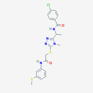 molecular formula C21H22ClN5O2S2 B305531 4-chloro-N-(1-{4-methyl-5-[(2-{[3-(methylsulfanyl)phenyl]amino}-2-oxoethyl)sulfanyl]-4H-1,2,4-triazol-3-yl}ethyl)benzamide 