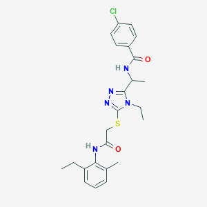molecular formula C24H28ClN5O2S B305532 4-chloro-N-{1-[4-ethyl-5-({2-[(2-ethyl-6-methylphenyl)amino]-2-oxoethyl}sulfanyl)-4H-1,2,4-triazol-3-yl]ethyl}benzamide 