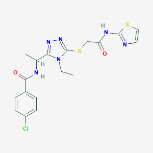 molecular formula C18H19ClN6O2S2 B305538 4-chloro-N-[1-(4-ethyl-5-{[2-oxo-2-(1,3-thiazol-2-ylamino)ethyl]sulfanyl}-4H-1,2,4-triazol-3-yl)ethyl]benzamide 