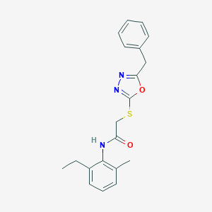 molecular formula C20H21N3O2S B305546 2-[(5-benzyl-1,3,4-oxadiazol-2-yl)sulfanyl]-N-(2-ethyl-6-methylphenyl)acetamide 