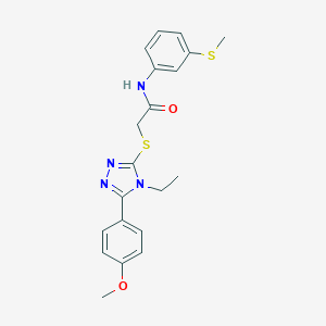 molecular formula C20H22N4O2S2 B305550 2-{[4-ethyl-5-(4-methoxyphenyl)-4H-1,2,4-triazol-3-yl]sulfanyl}-N-[3-(methylsulfanyl)phenyl]acetamide 
