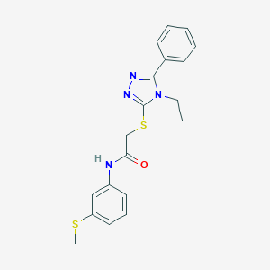 molecular formula C19H20N4OS2 B305553 2-[(4-ethyl-5-phenyl-4H-1,2,4-triazol-3-yl)sulfanyl]-N-[3-(methylsulfanyl)phenyl]acetamide 
