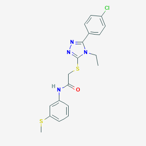 molecular formula C19H19ClN4OS2 B305555 2-{[5-(4-chlorophenyl)-4-ethyl-4H-1,2,4-triazol-3-yl]sulfanyl}-N-[3-(methylsulfanyl)phenyl]acetamide 