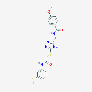 molecular formula C21H23N5O3S2 B305559 4-methoxy-N-({4-methyl-5-[(2-{[3-(methylsulfanyl)phenyl]amino}-2-oxoethyl)sulfanyl]-4H-1,2,4-triazol-3-yl}methyl)benzamide 