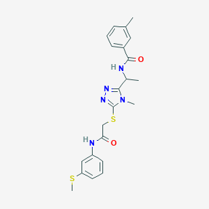 molecular formula C22H25N5O2S2 B305561 3-methyl-N-{1-[4-methyl-5-({2-[3-(methylsulfanyl)anilino]-2-oxoethyl}sulfanyl)-4H-1,2,4-triazol-3-yl]ethyl}benzamide 