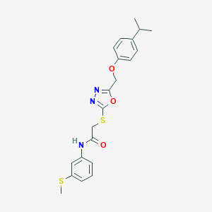 molecular formula C21H23N3O3S2 B305564 N-[3-(methylsulfanyl)phenyl]-2-[(5-{[4-(propan-2-yl)phenoxy]methyl}-1,3,4-oxadiazol-2-yl)sulfanyl]acetamide 