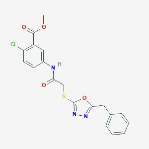 molecular formula C19H16ClN3O4S B305565 Methyl 5-({[(5-benzyl-1,3,4-oxadiazol-2-yl)sulfanyl]acetyl}amino)-2-chlorobenzoate 