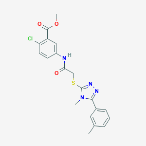 molecular formula C20H19ClN4O3S B305567 methyl 2-chloro-5-[({[4-methyl-5-(3-methylphenyl)-4H-1,2,4-triazol-3-yl]sulfanyl}acetyl)amino]benzoate 