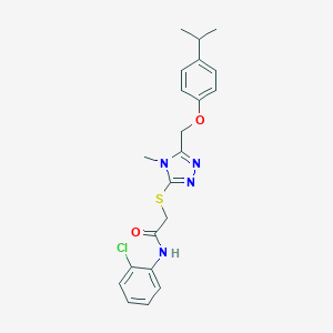 molecular formula C21H23ClN4O2S B305577 N-(2-chlorophenyl)-2-[(4-methyl-5-{[4-(propan-2-yl)phenoxy]methyl}-4H-1,2,4-triazol-3-yl)sulfanyl]acetamide 