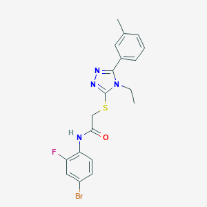 molecular formula C19H18BrFN4OS B305579 N-(4-bromo-2-fluorophenyl)-2-{[4-ethyl-5-(3-methylphenyl)-4H-1,2,4-triazol-3-yl]sulfanyl}acetamide 
