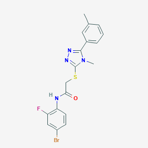molecular formula C18H16BrFN4OS B305580 N-(4-bromo-2-fluorophenyl)-2-{[4-methyl-5-(3-methylphenyl)-4H-1,2,4-triazol-3-yl]sulfanyl}acetamide 