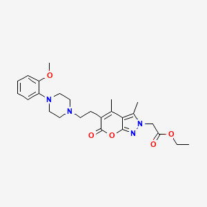 molecular formula C25H32N4O5 B3055807 Pyrano[2,3-c]pyrazole-2(6H)-acetic acid, 5-[2-[4-(2-methoxyphenyl)-1-piperazinyl]ethyl]-3,4-dimethyl-6-oxo-, ethyl ester CAS No. 67056-19-3