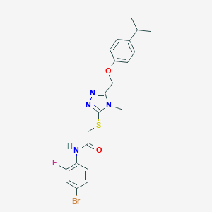 molecular formula C21H22BrFN4O2S B305584 N-(4-bromo-2-fluorophenyl)-2-[(4-methyl-5-{[4-(propan-2-yl)phenoxy]methyl}-4H-1,2,4-triazol-3-yl)sulfanyl]acetamide 