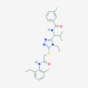 molecular formula C27H35N5O2S B305589 N-{1-[4-ethyl-5-({2-[(2-ethyl-6-methylphenyl)amino]-2-oxoethyl}sulfanyl)-4H-1,2,4-triazol-3-yl]-2-methylpropyl}-3-methylbenzamide 