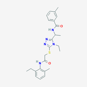 molecular formula C25H31N5O2S B305591 N-{1-[4-ethyl-5-({2-[(2-ethyl-6-methylphenyl)amino]-2-oxoethyl}sulfanyl)-4H-1,2,4-triazol-3-yl]ethyl}-3-methylbenzamide 