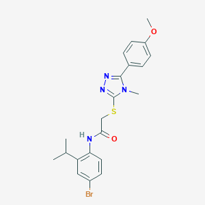 molecular formula C21H23BrN4O2S B305595 N-[4-bromo-2-(propan-2-yl)phenyl]-2-{[5-(4-methoxyphenyl)-4-methyl-4H-1,2,4-triazol-3-yl]sulfanyl}acetamide 