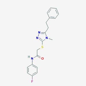 molecular formula C19H19FN4OS B305613 N-(4-fluorophenyl)-2-{[4-methyl-5-(2-phenylethyl)-4H-1,2,4-triazol-3-yl]sulfanyl}acetamide 