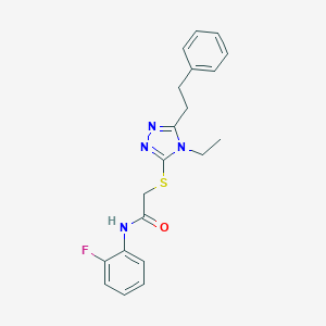 molecular formula C20H21FN4OS B305617 2-{[4-ethyl-5-(2-phenylethyl)-4H-1,2,4-triazol-3-yl]sulfanyl}-N-(2-fluorophenyl)acetamide 