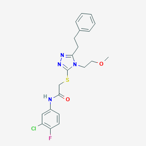 molecular formula C21H22ClFN4O2S B305623 N-(3-chloro-4-fluorophenyl)-2-{[4-(2-methoxyethyl)-5-(2-phenylethyl)-4H-1,2,4-triazol-3-yl]sulfanyl}acetamide 