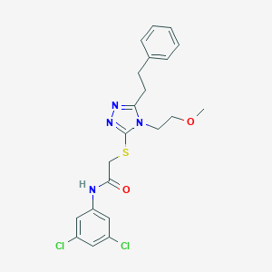 molecular formula C21H22Cl2N4O2S B305625 N-(3,5-dichlorophenyl)-2-{[4-(2-methoxyethyl)-5-(2-phenylethyl)-4H-1,2,4-triazol-3-yl]sulfanyl}acetamide 