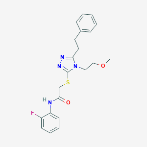 molecular formula C21H23FN4O2S B305629 N-(2-fluorophenyl)-2-{[4-(2-methoxyethyl)-5-(2-phenylethyl)-4H-1,2,4-triazol-3-yl]sulfanyl}acetamide 