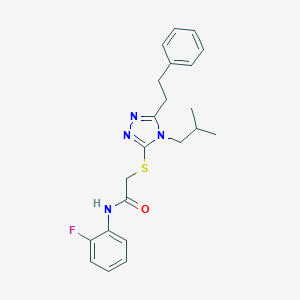 molecular formula C22H25FN4OS B305631 N-(2-fluorophenyl)-2-{[4-isobutyl-5-(2-phenylethyl)-4H-1,2,4-triazol-3-yl]thio}acetamide 