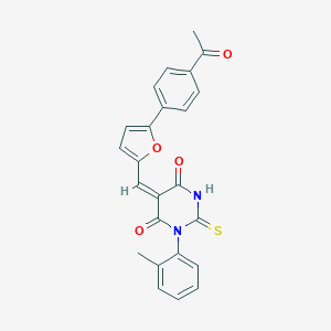 molecular formula C24H18N2O4S B305698 5-{[5-(4-acetylphenyl)-2-furyl]methylene}-1-(2-methylphenyl)-2-thioxodihydro-4,6(1H,5H)-pyrimidinedione 