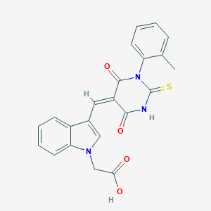 molecular formula C22H17N3O4S B305699 (3-{(E)-[1-(2-methylphenyl)-4,6-dioxo-2-thioxotetrahydropyrimidin-5(2H)-ylidene]methyl}-1H-indol-1-yl)acetic acid 