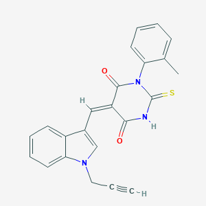 molecular formula C23H17N3O2S B305700 (5E)-1-(2-methylphenyl)-5-{[1-(prop-2-yn-1-yl)-1H-indol-3-yl]methylidene}-2-thioxodihydropyrimidine-4,6(1H,5H)-dione 
