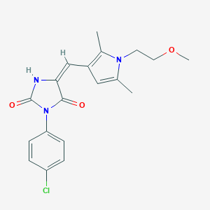 molecular formula C19H20ClN3O3 B305709 3-(4-chlorophenyl)-5-{[1-(2-methoxyethyl)-2,5-dimethyl-1H-pyrrol-3-yl]methylene}-2,4-imidazolidinedione 