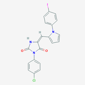 molecular formula C20H13ClIN3O2 B305712 (5E)-3-(4-chlorophenyl)-5-{[1-(4-iodophenyl)-1H-pyrrol-2-yl]methylidene}imidazolidine-2,4-dione 